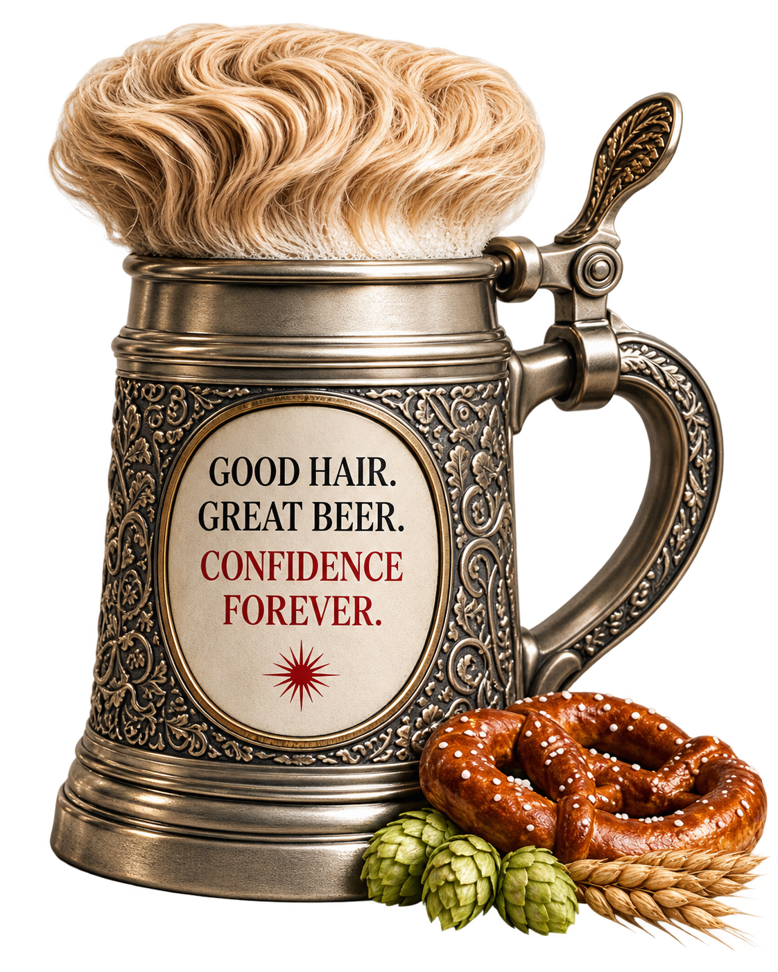An ornate beer stein topped with a head of blond hair instead of foam, reading Good Hair. Great Beer. Confidence Forever. — HairFest at Spa Noor, Fall River MA