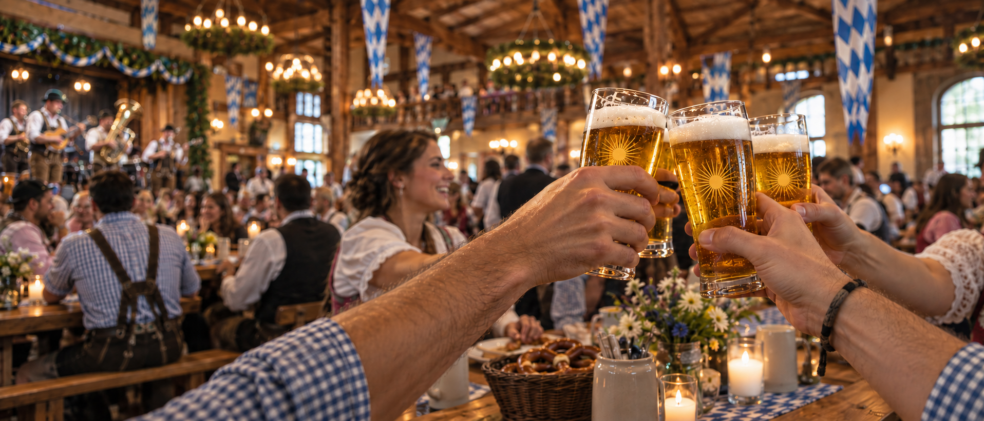 Men raising beer steins together at Spa Noor in Fall River, MA