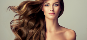 Glamorous woman with brown hair flowing