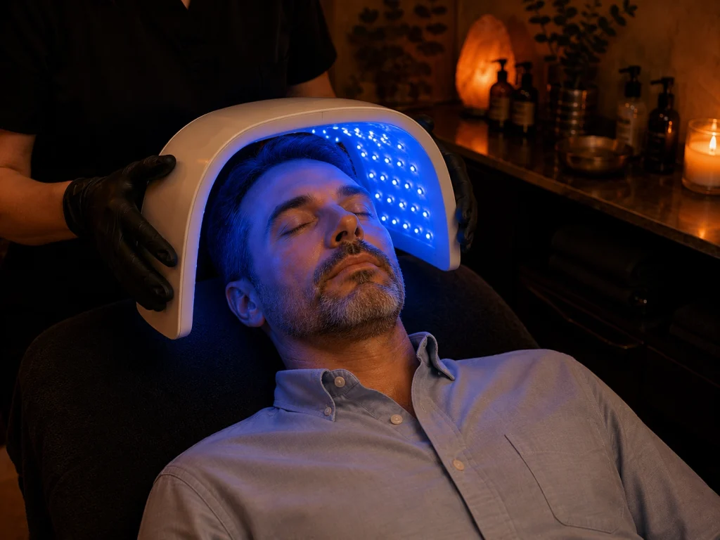 man receiving a facial with blue LED light therapy