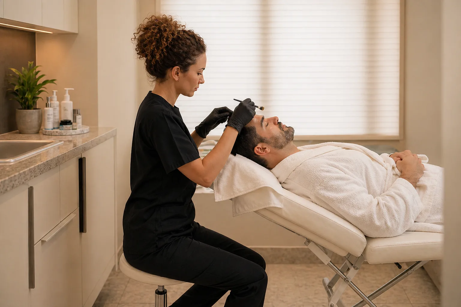 Esthetician administering a facial treatment to a smiling client